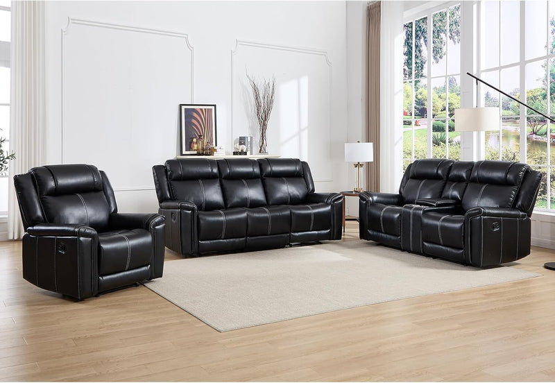 EBELLO Black 6-Seater Manual Recliner Sofa Set, Faux Leather Reclining Chair, Loveseat and 3-Seater Couch with Cup Holders, Mid-Century Modern Living Room Sectional Set (Black)