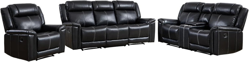 EBELLO Black 6-Seater Manual Recliner Sofa Set, Faux Leather Reclining Chair, Loveseat and 3-Seater Couch with Cup Holders, Mid-Century Modern Living Room Sectional Set (Black)