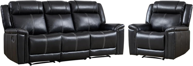 EBELLO Black Recliner Sofa Set, Manual Recliner Chair and 3-Seater Reclining Sofa, Mid-Century Modern Faux Leather Living Room Furniture Suite (Black)