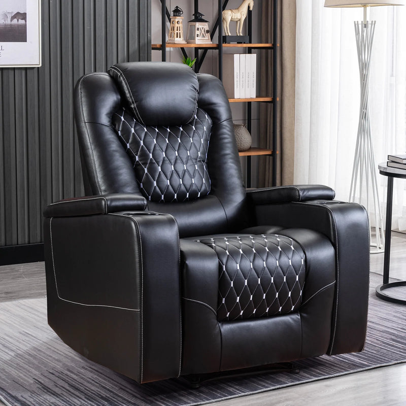 Bonzy Home Overstuffed Electric Home Theater Seating PU Leather Reclining Furniture with with USB Ports and Cup Holders and Hidden Arm Storage - Black