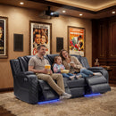 EBELLO Power Reclining Sofa with Wireless Charging, 3 Seater Electric Recliner Couch with Reading Lights, USB Type-C Ports, LED Lighting and Storage, Faux Leather Home Theater Seating, Black Plaid