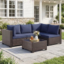 Bonzy Home Patio Furniture Set, 5-Piece Wicker Outdoor Sectional Sofa with Tempered Glass Table for Backyard & Porch, Outdoor Rattan Couch Furniture, Metal Frame, Blue
