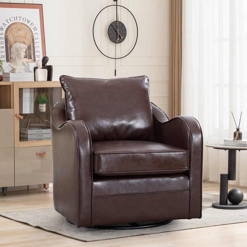 Bonzy Home Swivel Accent Chair with Throw Pillow Mid Century Faux Leather Modern Armchair for Living Room and Bedroom