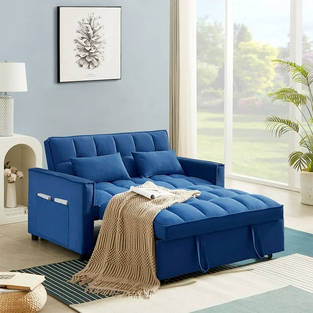 Bonzy Home Convertible Sofa Bed,Furniture,Velvet Versatile Sofa with Pullout Bed,54 Inch Adjustable Backrest Sofa Bed,Blue