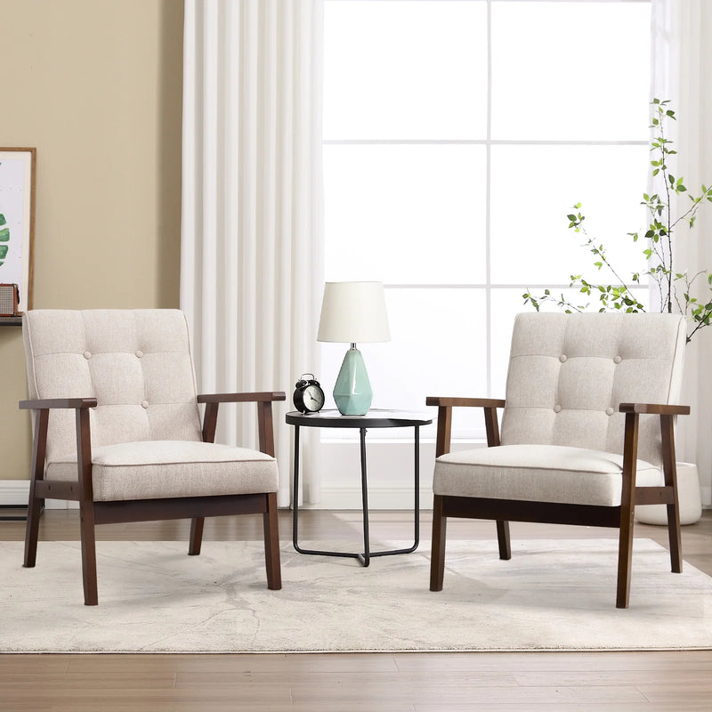 Bonzy Home Accent Chair Set of 2 Mid Century Modern Upholstered Armchair with Wood Frame for Living Room Bedroom Study Room Beige