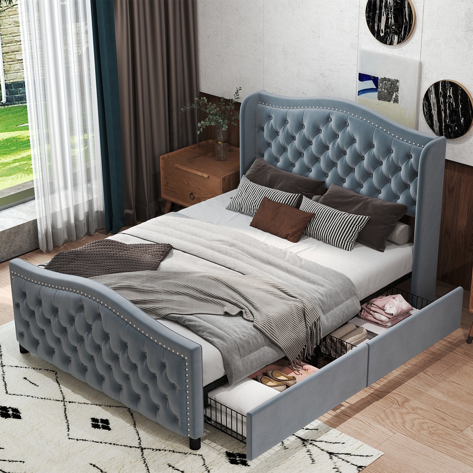Bonzy Home Bed Frame Full Size Velvet Upholstered Sleigh Bed with Scro
