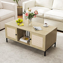 Bonzy Home End Table with Rattan Sliding Doors, Mid Century Modern Center Table with Open Storage Shelf Tea Table