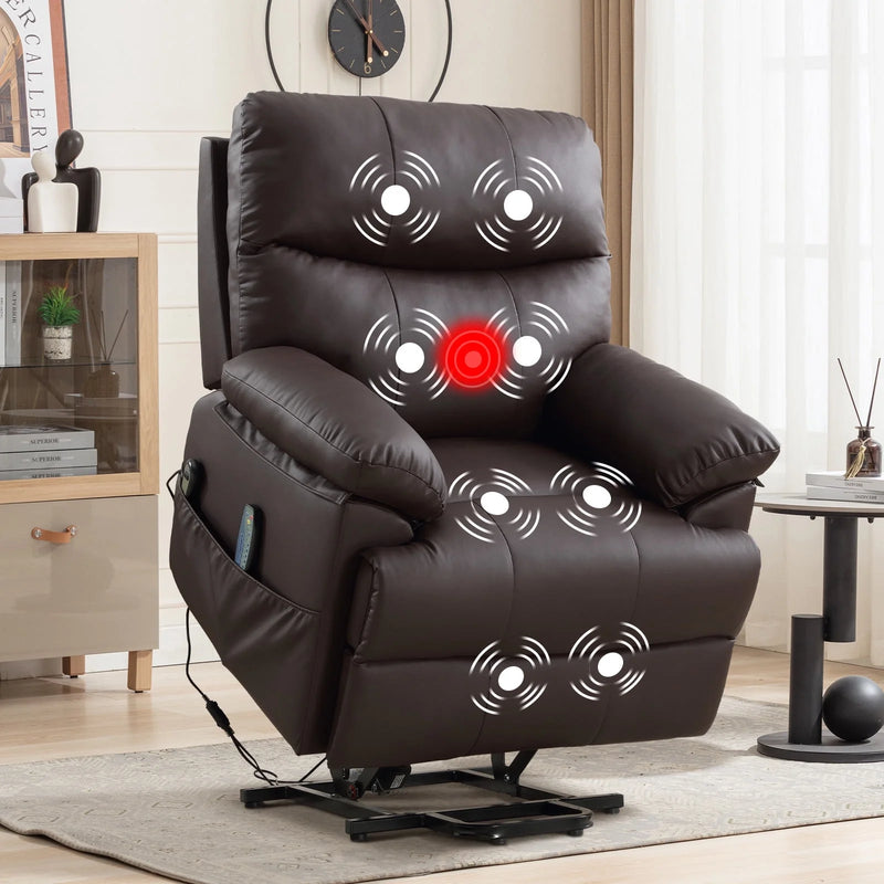 Bonzy Home Large Power Lift Recliner Chairs with Massage and Heat for Elderly, Heavy Duty Electric Leather Recliner, For tall men,Coffee