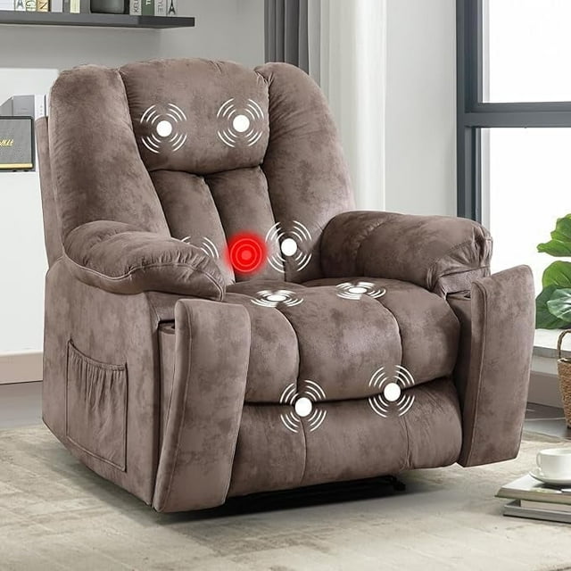 Manual Recliner Chair with Massage and Heat, Soft Fabric Massage Recliner for Adults with Hidden Cup Holders, Side Pocket, Overstuffed Single Reclining Sofa for Living Room, Brown