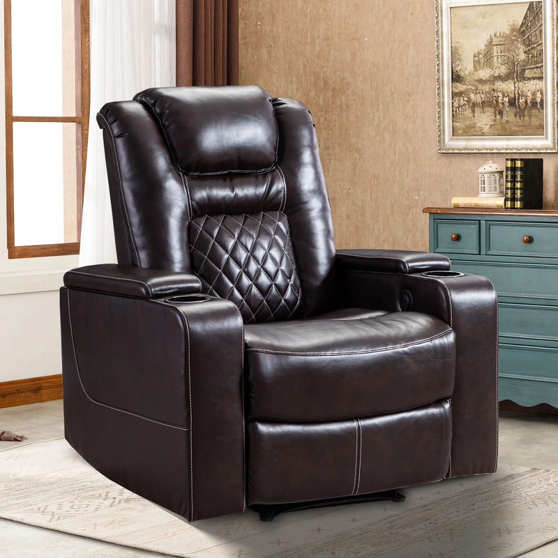 Bonzy Home Power Recliner Chair, Leather Home Theater Seating, Living Room Chair Brown