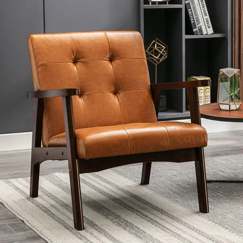 Bonzy Home Single Mid-Century Sofa Accent Chair Upholstered Leather Armchair with Solid Wood Frame, Leisure Chair Reading Chair for Living Room, Bedroom, Orange