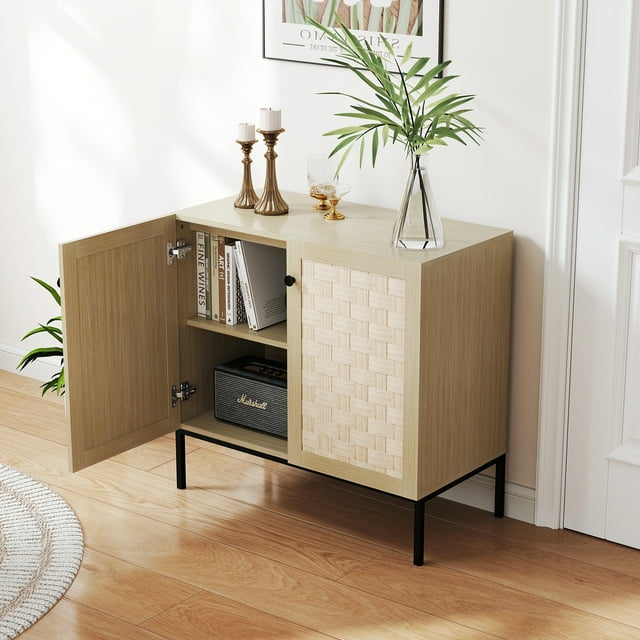 Bonzy Home Storage Cabinet, Buffet Sideboard with 2 Doors, Rattan Coffee Bar Cabinet for Kitchen, Dining Room, Living Room, Hallway, Entryway
