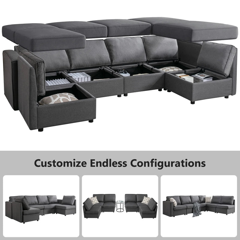 Bonzy Home U-Shaped Sectional Sofa with Storage and Reversible Chaises,Dark Grey