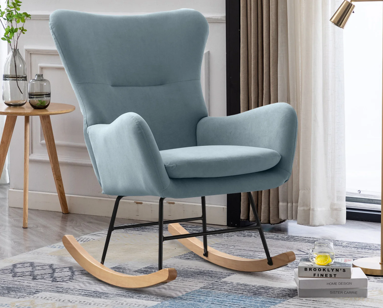 Ebello Design Velvet Rocking Accent Chair with High Backrest - Comfy Upholstered Glider for Nursery, Bedroom, Living Room, Blue