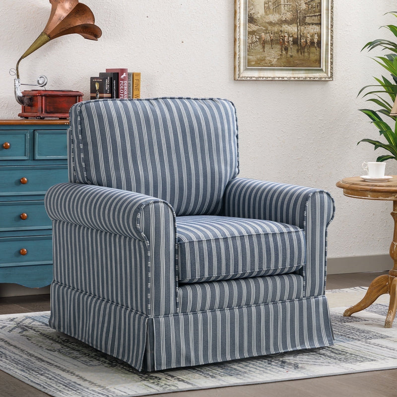 30 Inch Wide Bohemian Cotton Blend Vertical Stripe Sloped Arm Swivel Accent Chairs for Adults, Blue