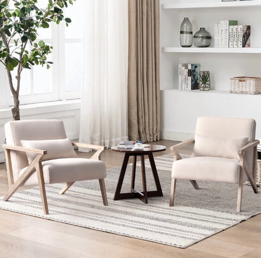 Bonzy Home Mid Century Modern Wooden Frame Arm Chair with Solid Wood Frame, Beige