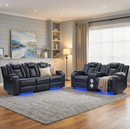 EBELLO 4-Piece Power Reclining Chair and Loveseat Set with Bluetooth Speakers, Dual Recliners, USB Type-C Charging, LED Lights and Storage, Faux Leather Home Theater Seating, Black Plaid