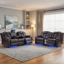 EBELLO 4-Piece Power Reclining Chair and Loveseat Set with Bluetooth Speakers, Dual Recliners, USB Type-C Charging, LED Lights and Storage, Faux Leather Home Theater Seating, Brown Plaid