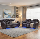 EBELLO 5-Seat Power Reclining Sofa and Loveseat Set with Wireless Charging, Bluetooth Speakers, Reading Lights, USB Type-C Charging and LED Lighting, Faux Leather Home Theater Seating, Brown Plaid