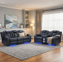 EBELLO 6-Seat Complete Power Reclining Living Room Set with Wireless Charging, Bluetooth Speakers, Reading Lights, USB Type-C Ports and LED Lighting, Faux Leather Home Theater Seating, Black Plaid
