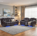 EBELLO 3-Seat Power Reclining Living Room Set, Recliner Chair and Loveseat Combo with Bluetooth Speakers, USB Type-C Charging, LED Lights and Storage, Faux Leather Home Theater Seating, Brown Plaid