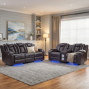 EBELLO Power Reclining Sofa Set, Recliner Chair and 3 Seater Couch Combo with Wireless Charging, Reading Lights, USB Type-C Ports and LED Lighting, Faux Leather Home Theater Seating, Brown Plaid