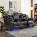 EBELLO Power Reclining Loveseat with Console, 2 Seater Electric Recliner Sofa with Bluetooth Speakers, USB Type-C Charging, LED Lights and Storage, Faux Leather Home Theater Seating, Brown Plaid