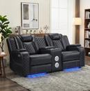 EBELLO Power Reclining Loveseat with Console, 2 Seater Electric Recliner Sofa with Bluetooth Speakers, USB Type-C Charging, LED Lights and Storage, Faux Leather Home Theater Seating, Black Plaid