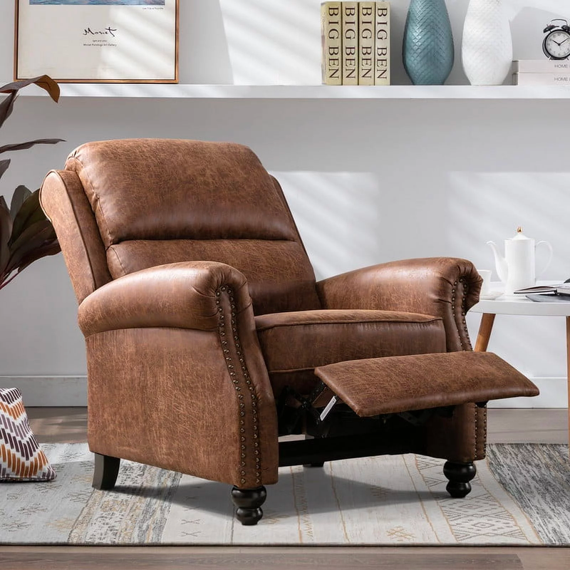 Ebello Pushback Recliner Leather Armchair with Rivet Decor, Accent Chair for Living Room, Chocolate