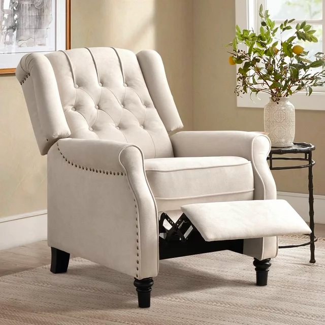 Ebello Push Back Recliner Chair, Soft Cushion White Padded Seat Elizabeth Fabric Recliner, Relaxing