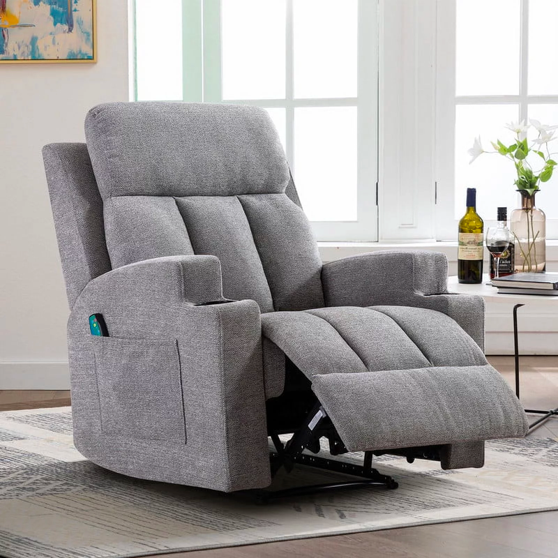 Ebello Manual Massage Recliner Chairs with Heat for Living Room, with Side Pockets and Cup Holders Overstuffed Breathable Fabric Reclining Chair, Single Sofa Home Theater Seating