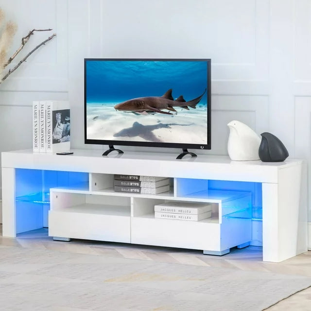 Bonzy Home High Glossy TV Stand for 70 Inch TVs with LED Light, Modern TV Unit Media Console with Storage, White