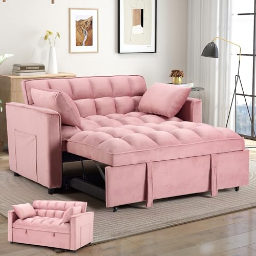 3 in 1 Convertible Sleeper Sofa Bed, Modern Velvet Loveseat Couch Pullout Bed for Living Room, Small Love Seat Lounge Sofa with Reclining Backrest
