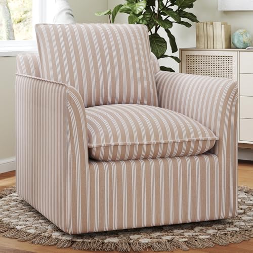 Swivel Accent Chair, Upholstered Square Chair, Swivel Barrel Reading Chair with Thick Padded Backrest Cushion, Arm Chair for Living Room Bedroom Small Spaces, Blue Stripe