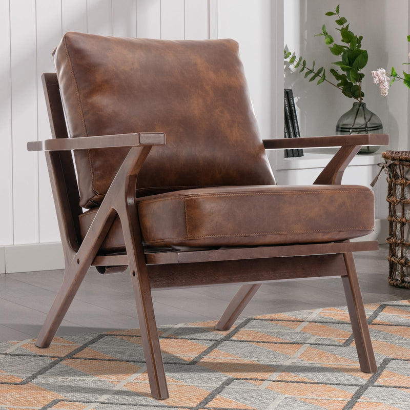Bonzy Home Accent Armhair with Solid Wood Frame and Removable Cushions, Upholstered Leather,Dark