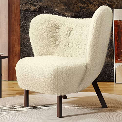Ebello 34" Wide Adult Modern Teddy Solid Color Tufted Wingback Chair with Solid Wood Leg, Beige