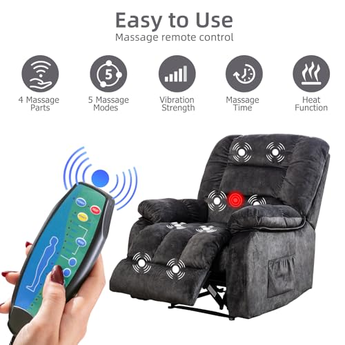 Massage Recliner Chair with Vibration Massage and Heat, Soft Fabric Overstuffed Manual Reclining Sofa Chair for Living Room with Side Pocket, Grey