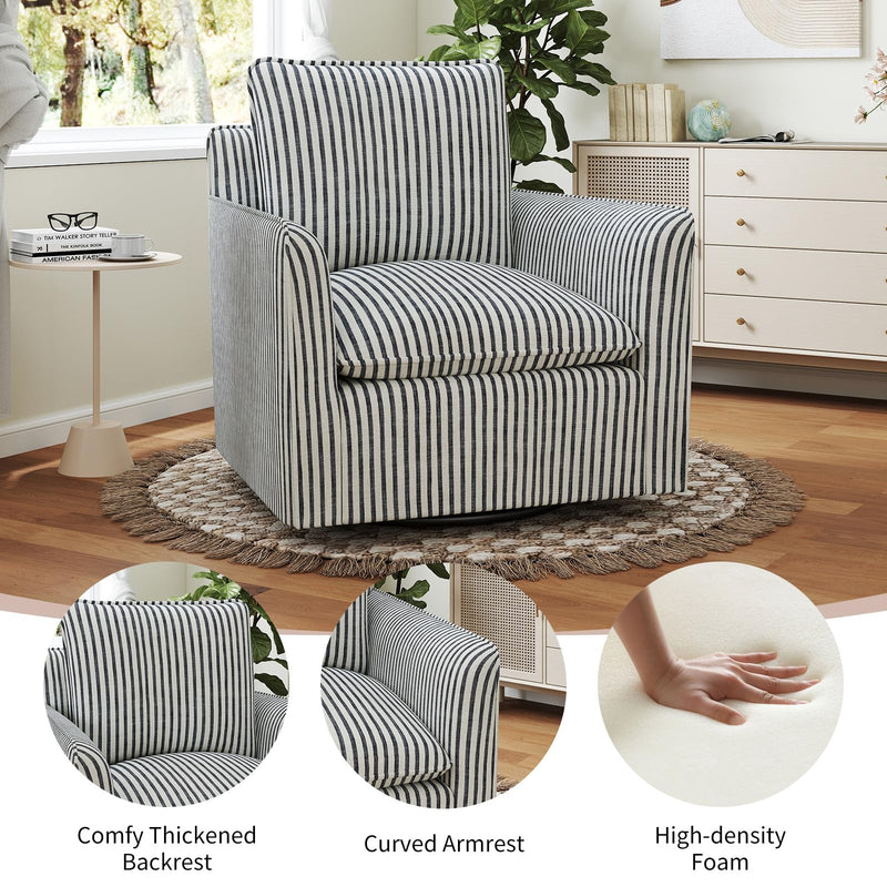 Swivel Accent Chair, Upholstered Square Chair, Swivel Barrel Reading Chair with Thick Padded Backrest Cushion, Arm Chair for Living Room Bedroom Small Spaces, Blue Stripe