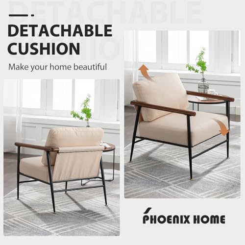 ebello 27" Wide Upholstered Wooden Armchair With Metal Legs And Pillow,Beige