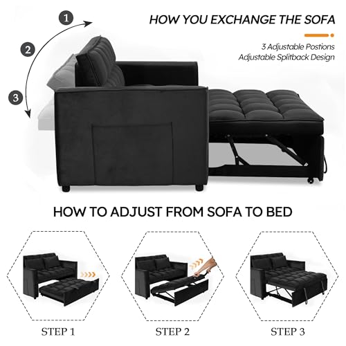 3-in-1 Convertible Sleeper Sofa Bed with Modern Velvet, Reclining Backrest & Side Storage, Black