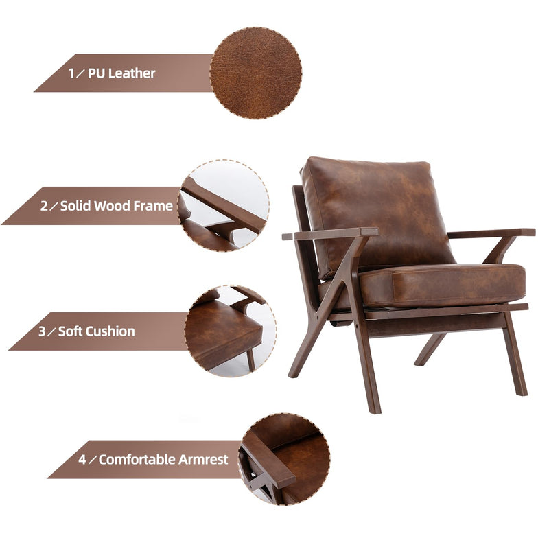 Bonzy Home Accent Armhair with Solid Wood Frame and Removable Cushions, Upholstered Leather,Dark