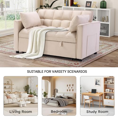 3 in 1 Convertible Sleeper Sofa Bed, Modern Velvet Loveseat Couch Pullout Bed for Living Room, Small Love Seat Lounge Sofa with Reclining Backrest