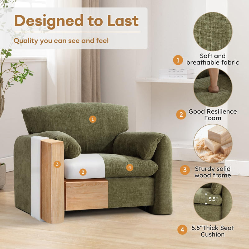 Bonzy Home 38" Wide Chenille Fabric Track Arm Chair and a Half, Green (Set of 2)