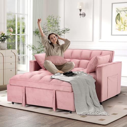 3-in-1 Convertible Sleeper Sofa Bed with Velvet Upholstery, Reclining Backrest, and Storage Pocket, Pink