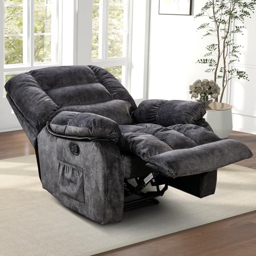 Massage Recliner Chair with Vibration Massage and Heat, Soft Fabric Overstuffed Manual Reclining Sofa Chair for Living Room with Side Pocket, Grey
