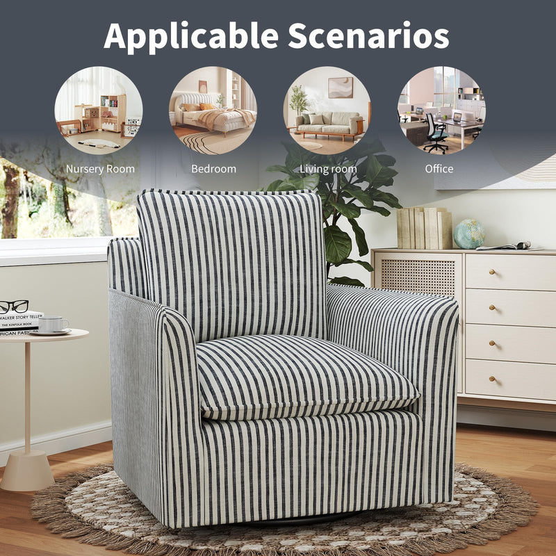 Swivel Accent Chair, Upholstered Square Chair, Swivel Barrel Reading Chair with Thick Padded Backrest Cushion, Arm Chair for Living Room Bedroom Small Spaces, Blue Stripe