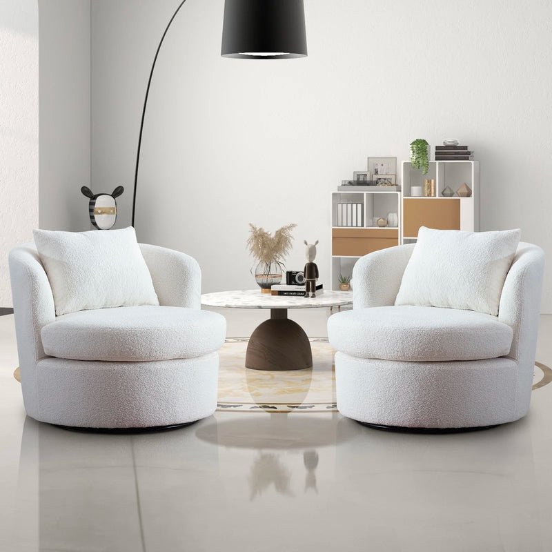 Ebello Swivel Accent Chair with Lamb Wool Fabric for Adult, Plump Pillow, Detachable Cushion, White, Set of 2