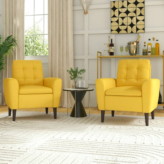 Ebello Modern Set of 2 Accent Chair with Arms, Comfy Fabric Armchair with Solid Metal Legs, Yellow