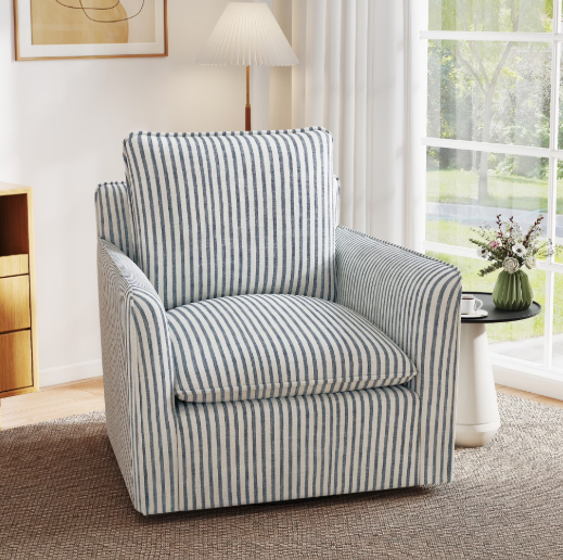 Bonzy Home 360° Swivel Chair with Thick Cushion – Blue Stripe Fabric Accent Chair for Living Room, Bedroom, Office – Fully Assembled