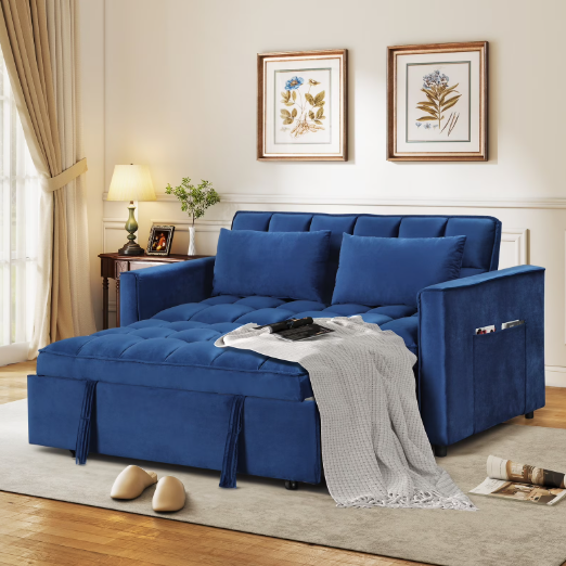 Bonzy home Modern Convertible Sofa Bed with Pull Out Bed, Velvet Convertible Sofa Bed with Adjustable Backrest, Folding Pillows and Side Pockets, Upholstered Sofa Chair for Living Room Office, Blue